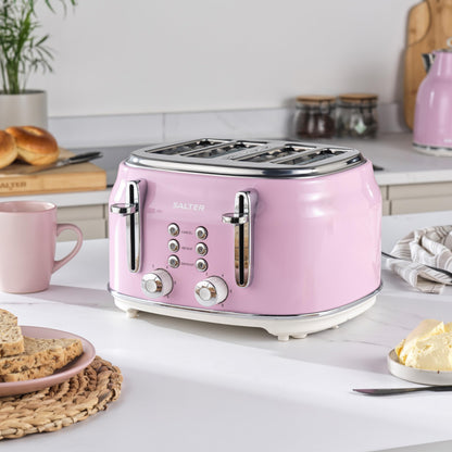 Salter Retro Pink Kettle & Toaster Set  1.7L Fast Boil Kettle with Removable Limescale Filter, 4-Slice Wide Slot Toaster for Thick Bread/Bagels, Blue