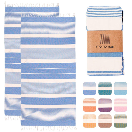 MOMOMUS 2 Pack XL Fouta or Cotton Beach Towels for Adults - Compact, Ultra-Soft, Absorbent - Extra Large Beach Towels for Adults - Sky Blue 90x180cm