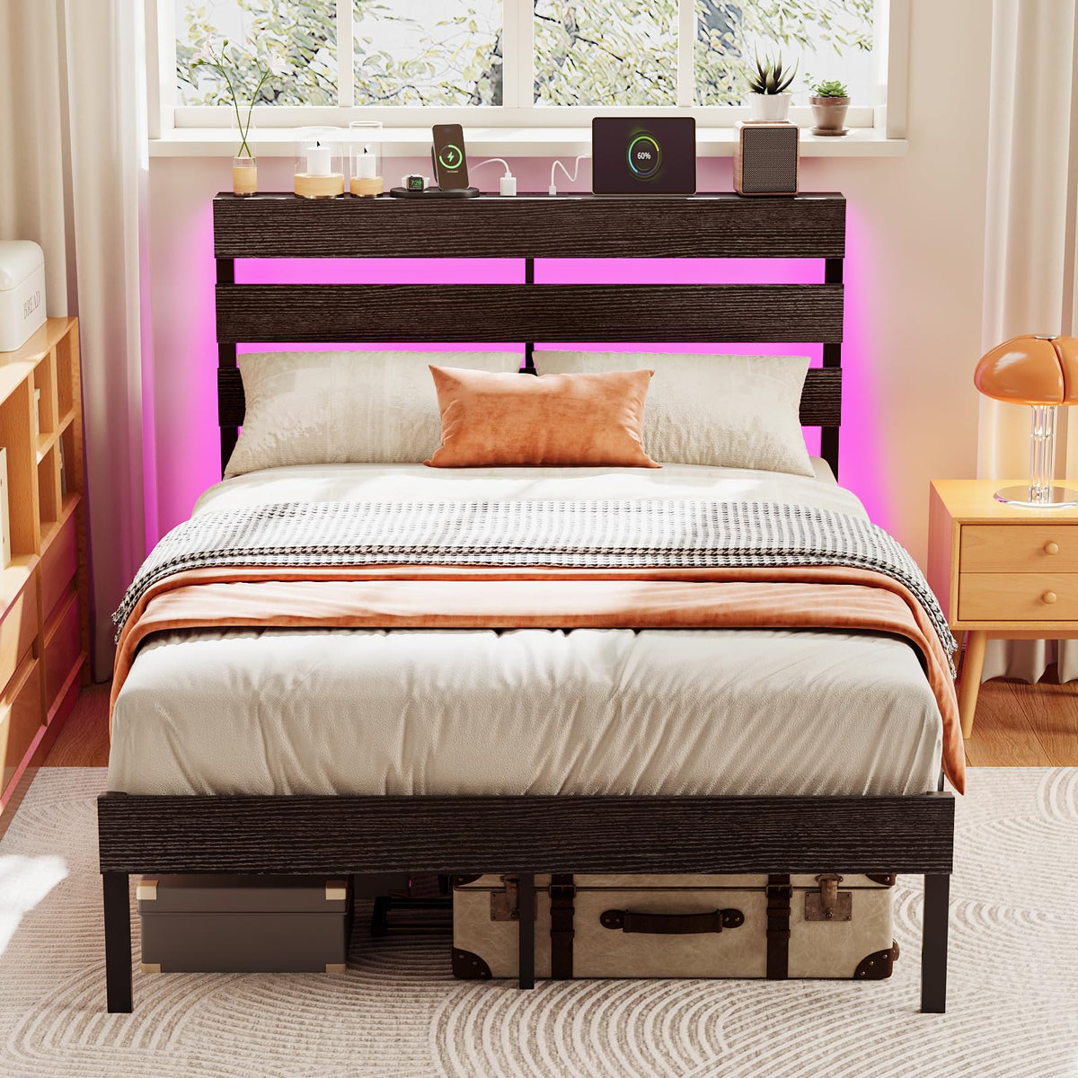 Bonnlo 4ft6 Double Bed Frame with Storage Headboard & LED Lights, 135x190cm, Metal Bed Frame with Charging Station (USB/Type-C/2 Outlets)