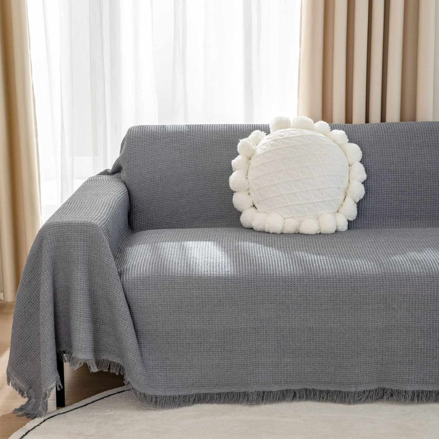 LHGOGO Woven Waffle Sofa Throw Large 3 Seater with Tassels - Reversible 180x300cm Throws for Sofas, Settees, Couch, and Armchair - Grey, 70.87 x