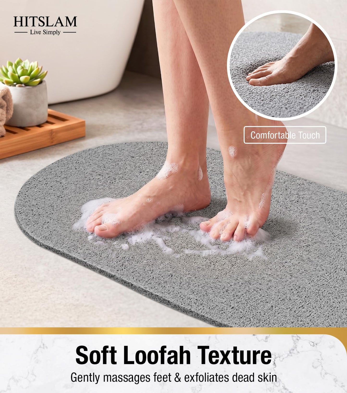 HITSLAM Oval Loofah Shower Mat, Non Slip Bath Mat, 69x40cm, Grey