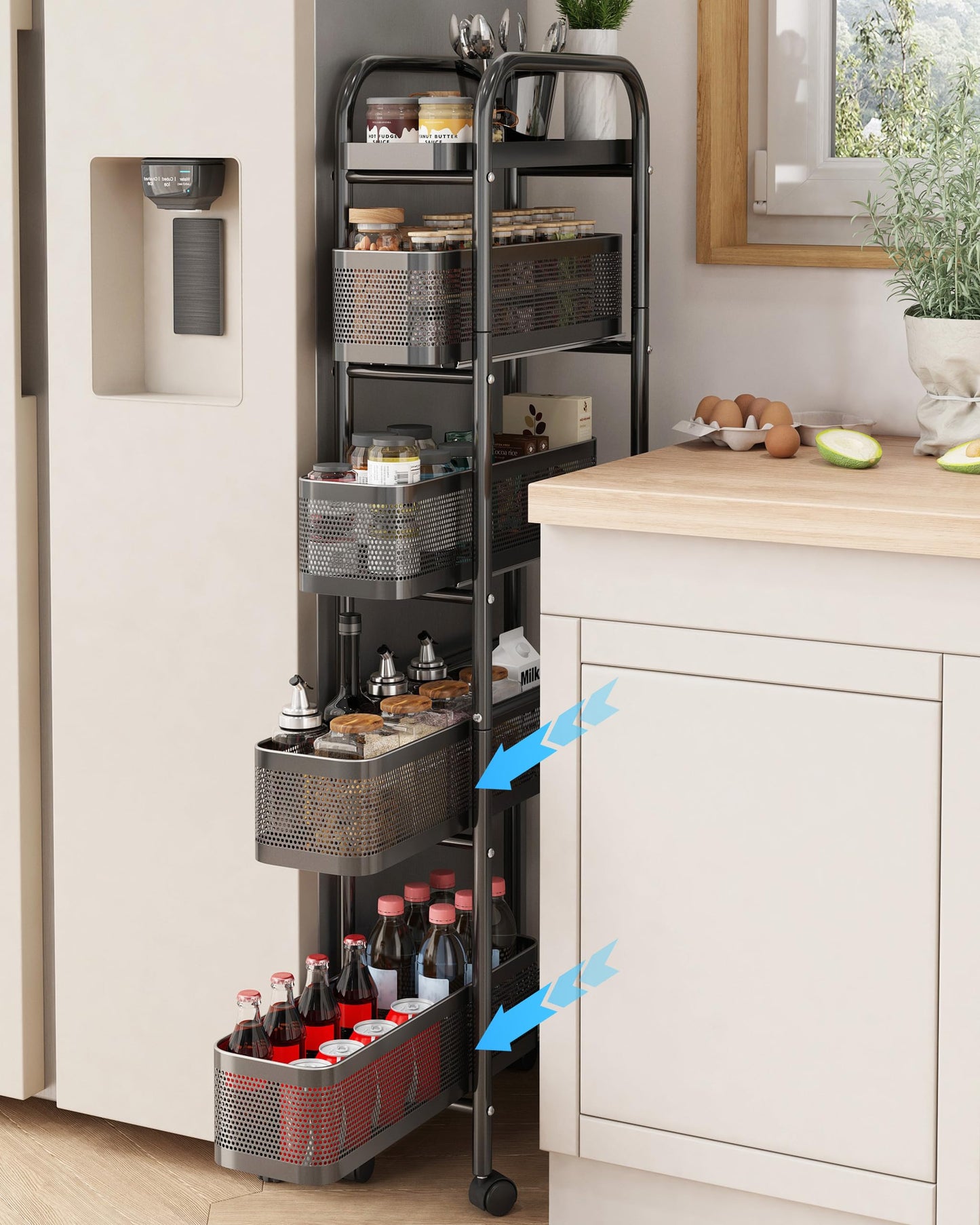 UMDONX Metal Kitchen Trolley with Pull out Drawer Basket Narrow 5 Tier