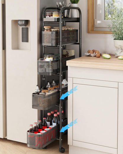 UMDONX Metal Kitchen Trolley with Pull out Drawer Basket Narrow 5 Tier