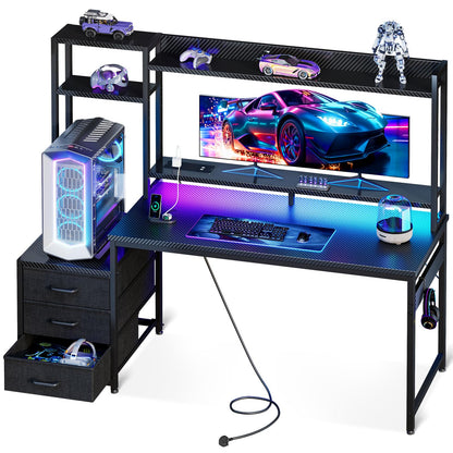 Coleshome Gaming Desk with LED Lights & Display Shelves Carbon Fiber Black