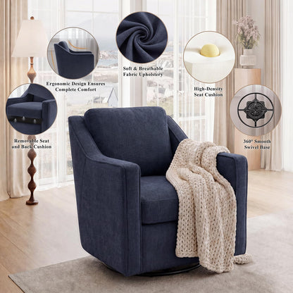 Swivel Armchair for Living Room, 360° Rotating Living Room Chair, Linen Fabric Accent Chair with Removable Seat Cushion & Pillow