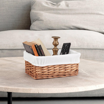 Woodluv Brown Wicker Storage Basket W/Off White Cloth Lining Xmas Hamper - Small