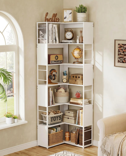 Quikraen 7-tier Corner Bookshelf, Tall L-Shaped Bookcase，White