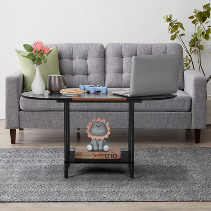 Shinoske Small Coffee Table Living Room Table Industrial Side Table Wood Coffee Table with Storage Shelf Metal Frame for Home Office, Brown & Black
