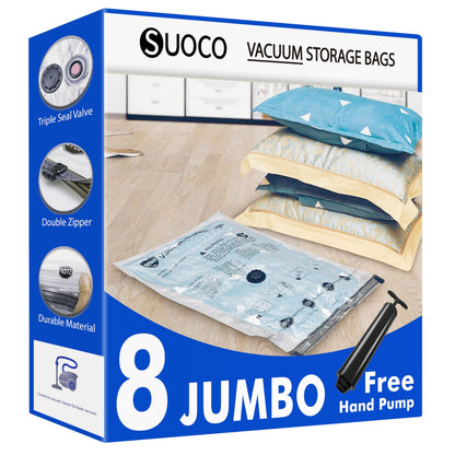 Vacuum Storage Bags 8 Jumbo, Space Saver Bags with Travel Hand Pump, Compression Seal Bags for Clothes, Duvets