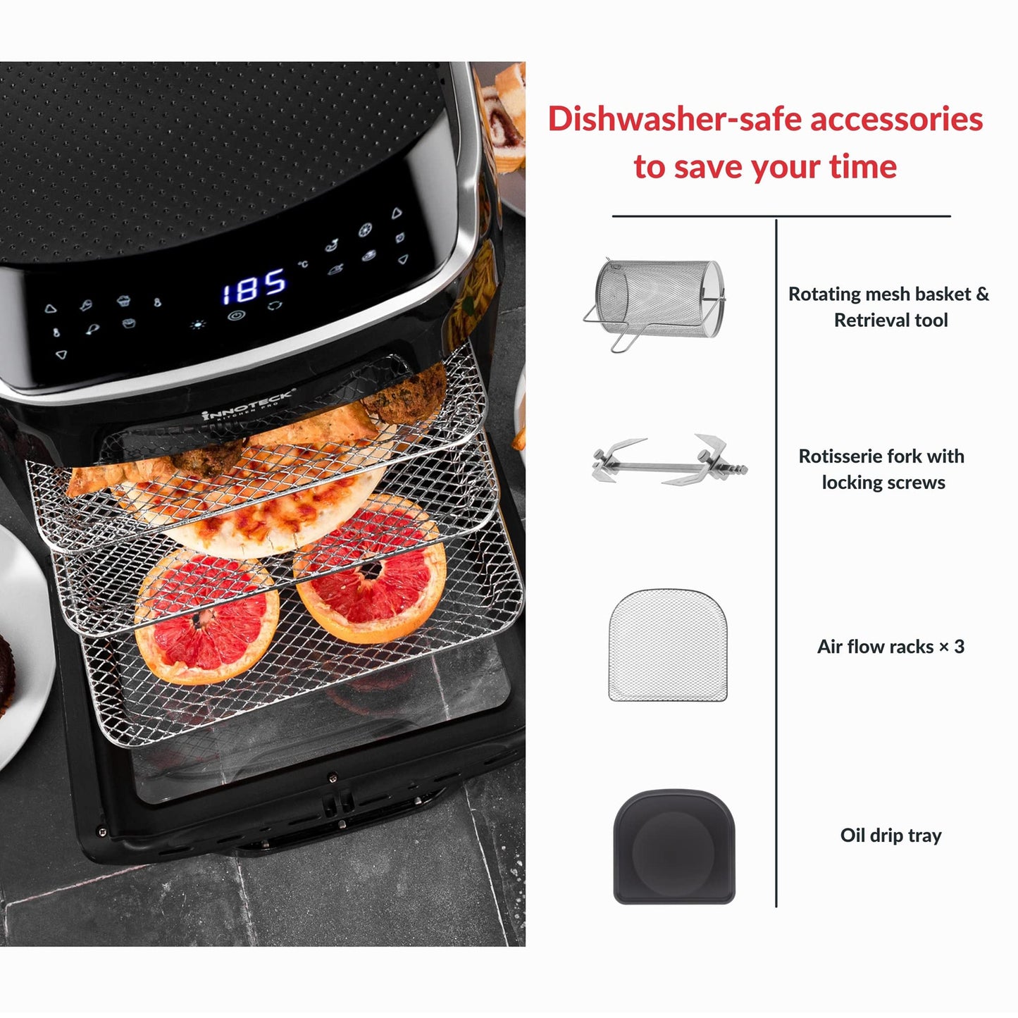 Innoteck Kitchen Pro 12L Digital Air Fryer Oven - 1800W, 8 Presets, Rotisserie function Large Digital Touch Panel Dishwasher Safe Accessories - Black