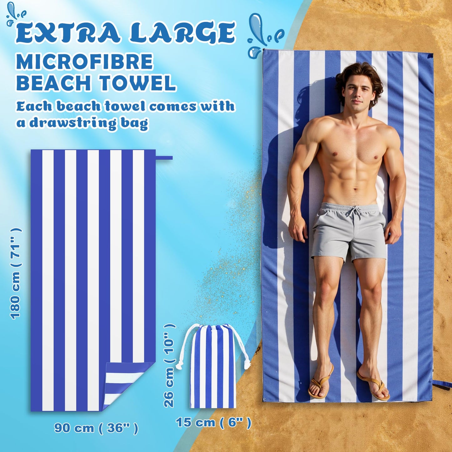 Anavasi Microfibre Beach Towels for Adults, 2 Pack 180 x 90cm 100% Recycled
