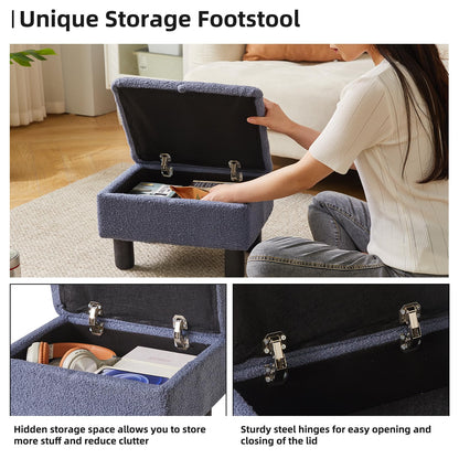 Aibiju Small Footstool Ottoman with Storage, Faux Teddy Fur Ottoman Pouffe Stool Change Shoe Footrest with Wood Legs for Living Room Bedroom, Blue
