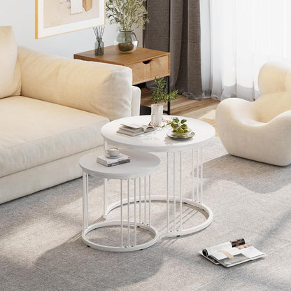 Huhote Round Coffee Tables, Set of 2 End Table, Nesting Tables, Side Table with Metal Frame for Living Room/Bedroom/Balcony/Office/Apartment