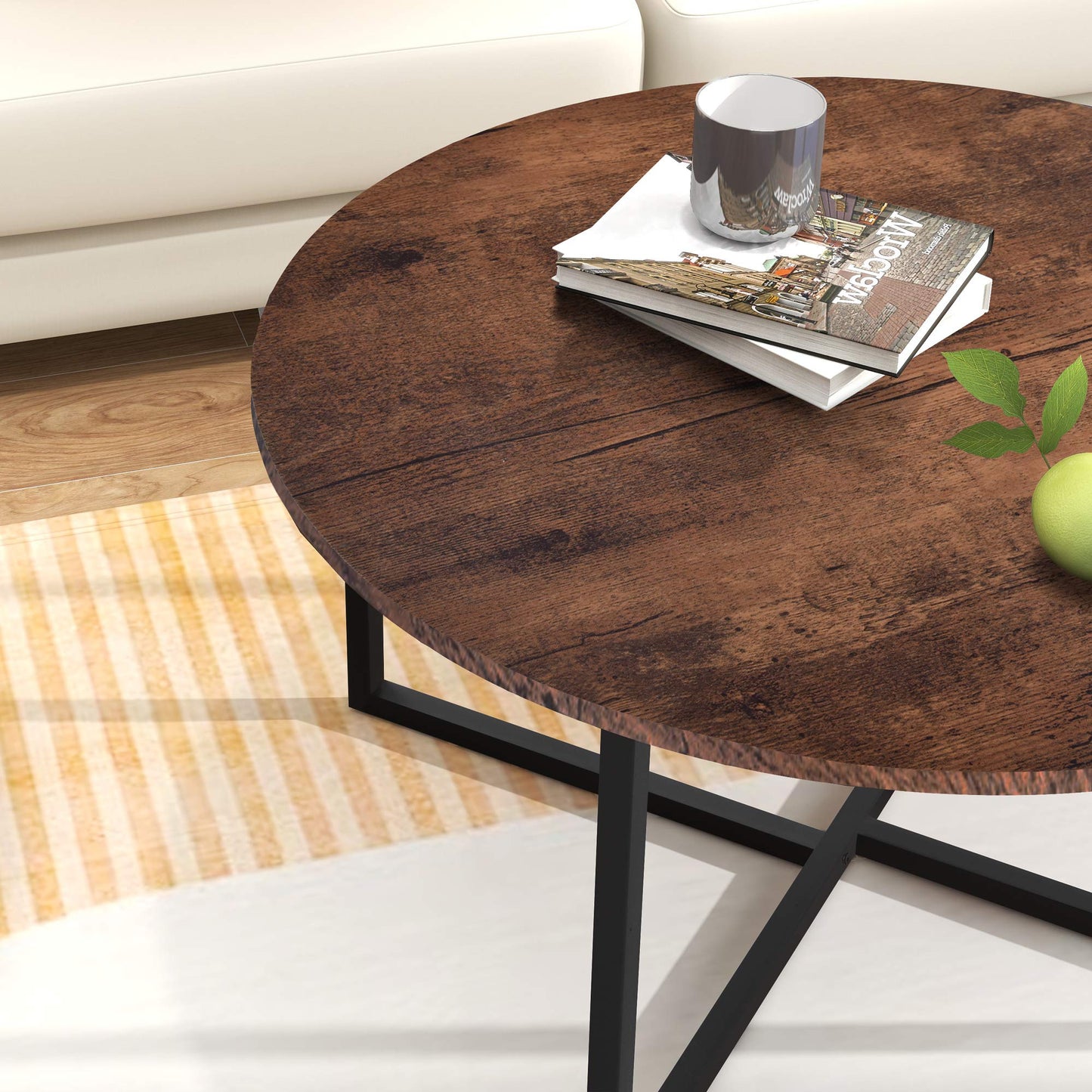 BOFENG Round Coffee Table Tea Table End Table Sofa Table for Living Room with Metal Legs, Black+Brown oak