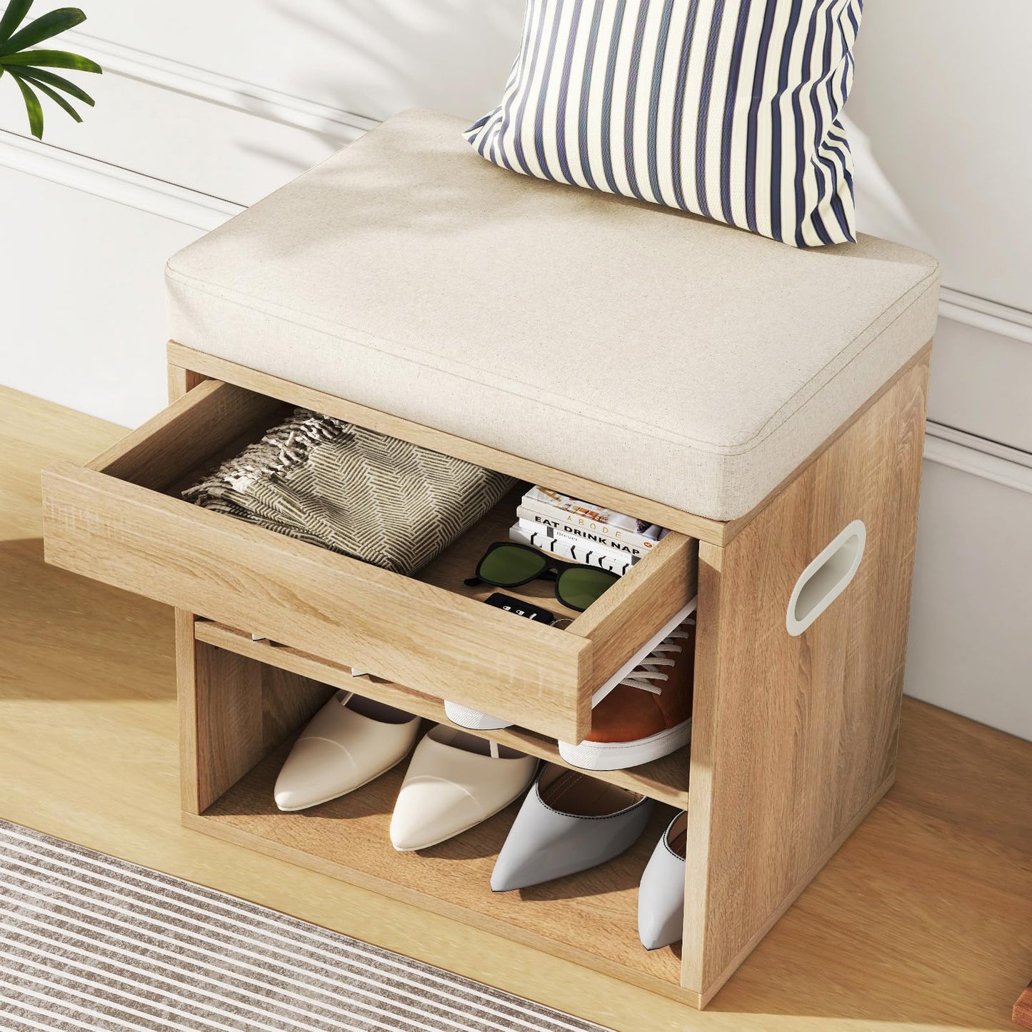 YMYNY Small Shoe Storage Bench with Cushion & Drawer, Light Natural HSC002R