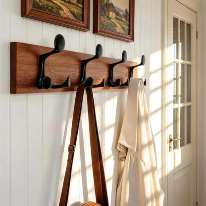 HONSKY Wall Mounted Coat Rack, 61cm Solid Sapele Wood Backboard, 4 Black Sturdy Aluminium Alloy Triple Hooks(12 Hanging Points)