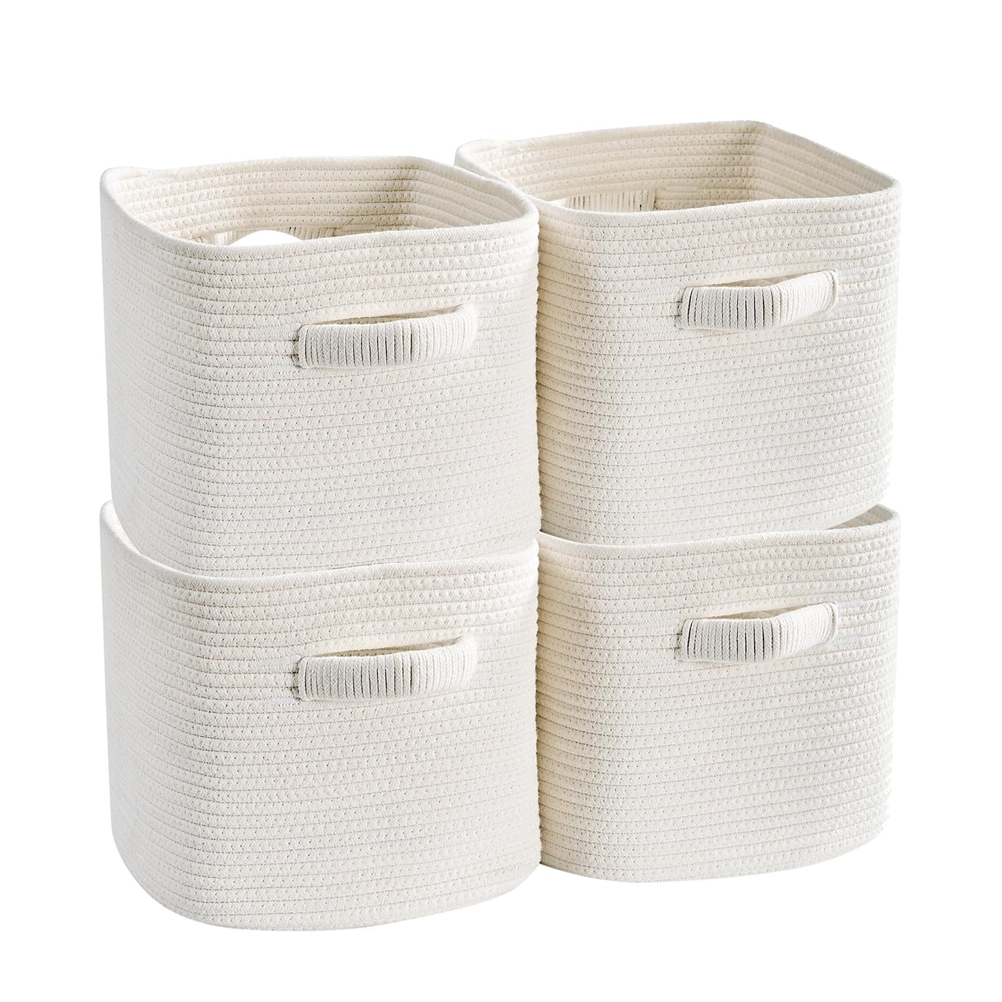 Mangata Set of 4 White Cotton Rope Cube Storage Baskets with Handles, 25x25x22cm, Woven Organisers for Shelves, Bathroom, Bedroom