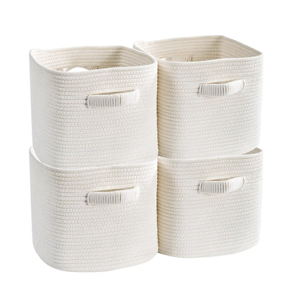 Mangata Set of 4 White Cotton Rope Cube Storage Baskets with Handles, 25x25x22cm, Woven Organisers for Shelves, Bathroom, Bedroom