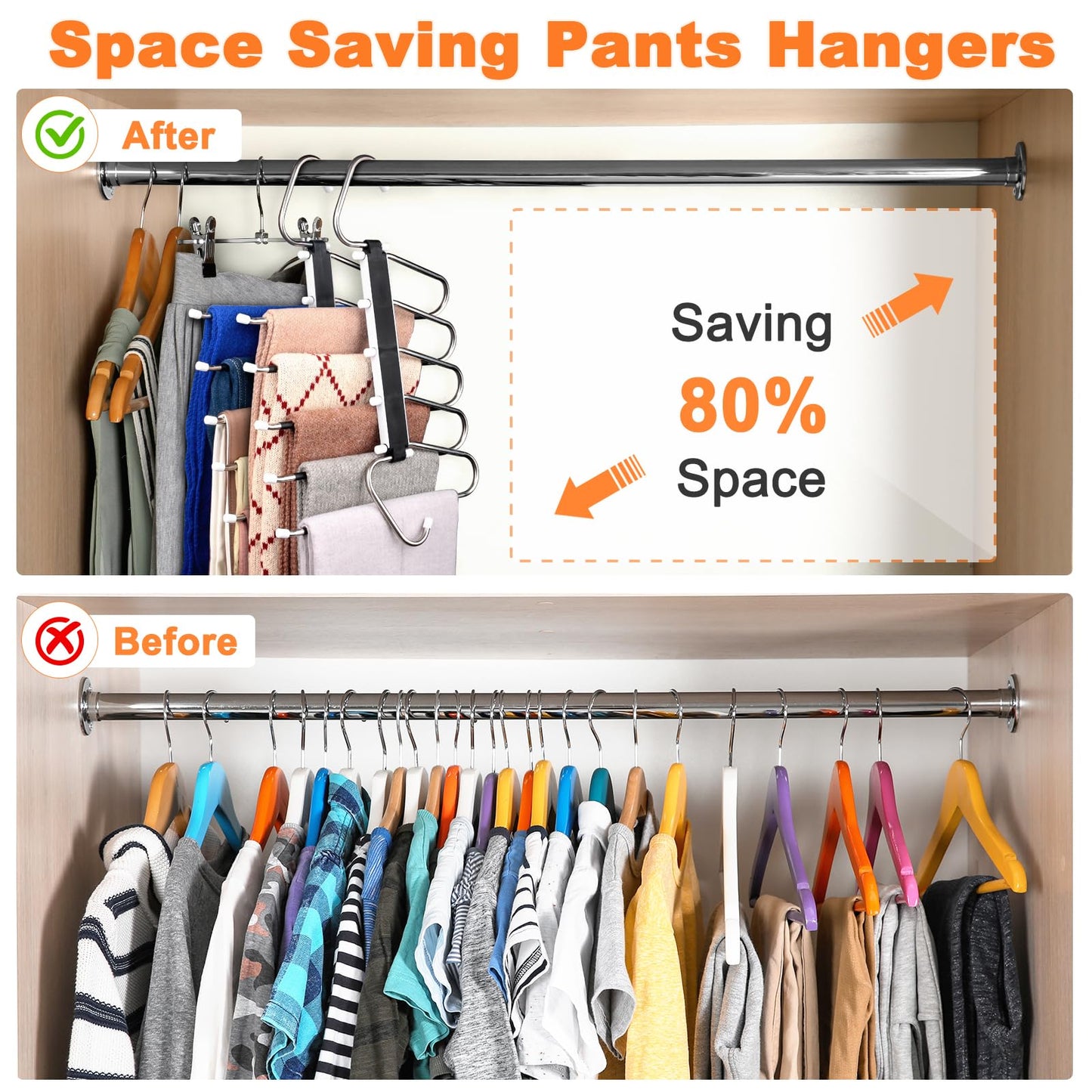 2 Pack Trouser Hangers Space Saving, 5-in-1 Trousers Hangers Non-Slip Clothes Hangers for Wardrobe