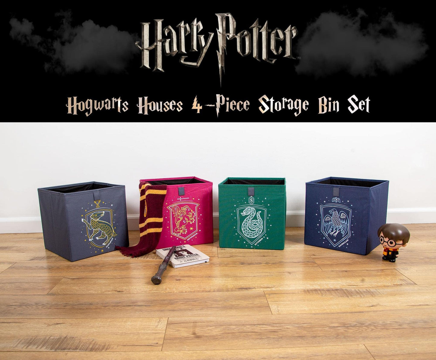 Harry Potter Hogwarts Houses 11-Inch Storage Bin Cube Organizers | Set of 4, Red, One Size (RBF-16686-C)