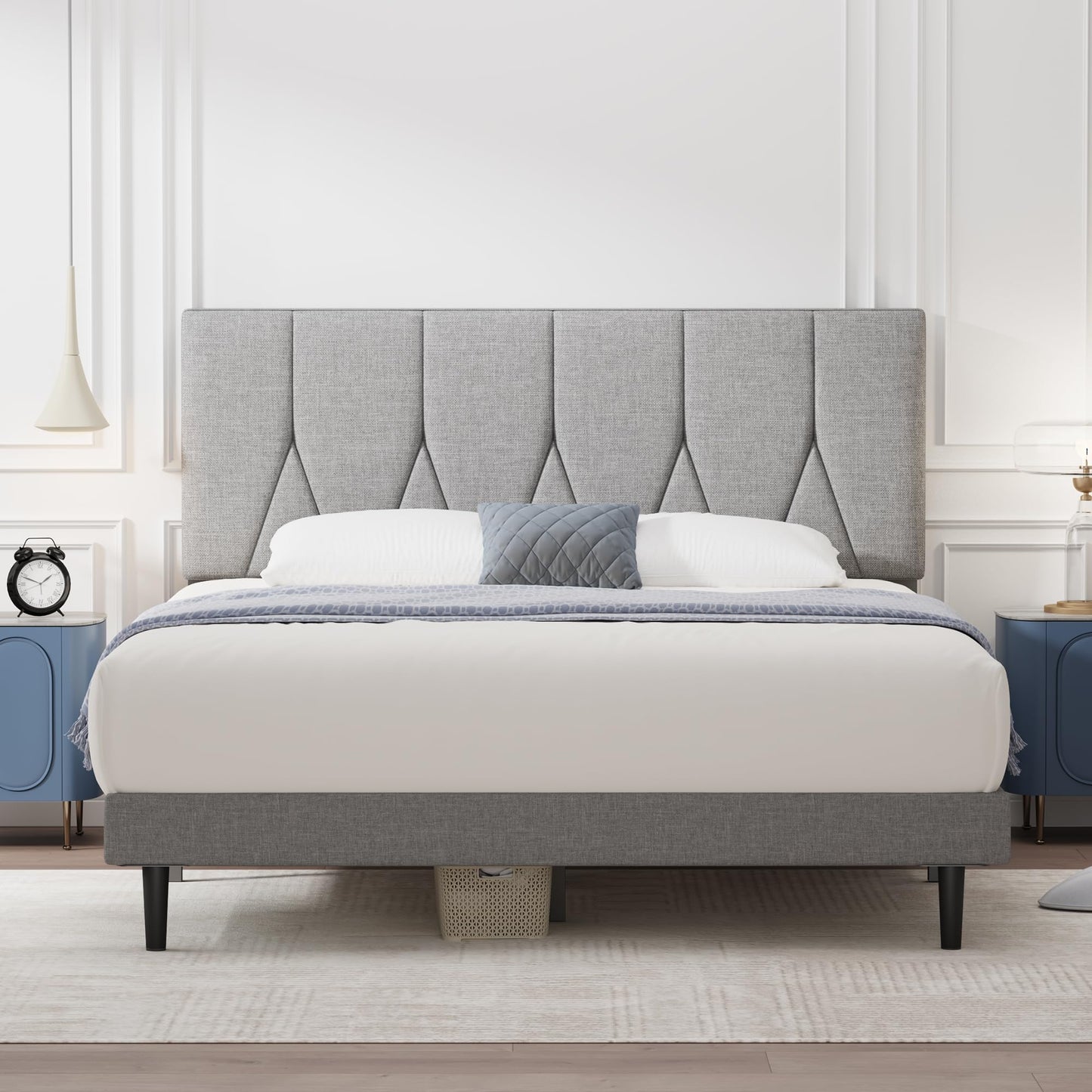 Yocreat Small Double Bed Frame, Light Grey, Upholstered Wooden Slat Bed Frame with Headboard, Easy Assembly, Underbed Storage, No Box Spring Needed