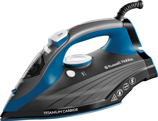 Russell Hobbs Iron [2600W, 160g steam shot, 55g/min continuous steam] Titanium Carbide (Titanium-infused ceramic soleplate, 330ml tank, self-cleaning,