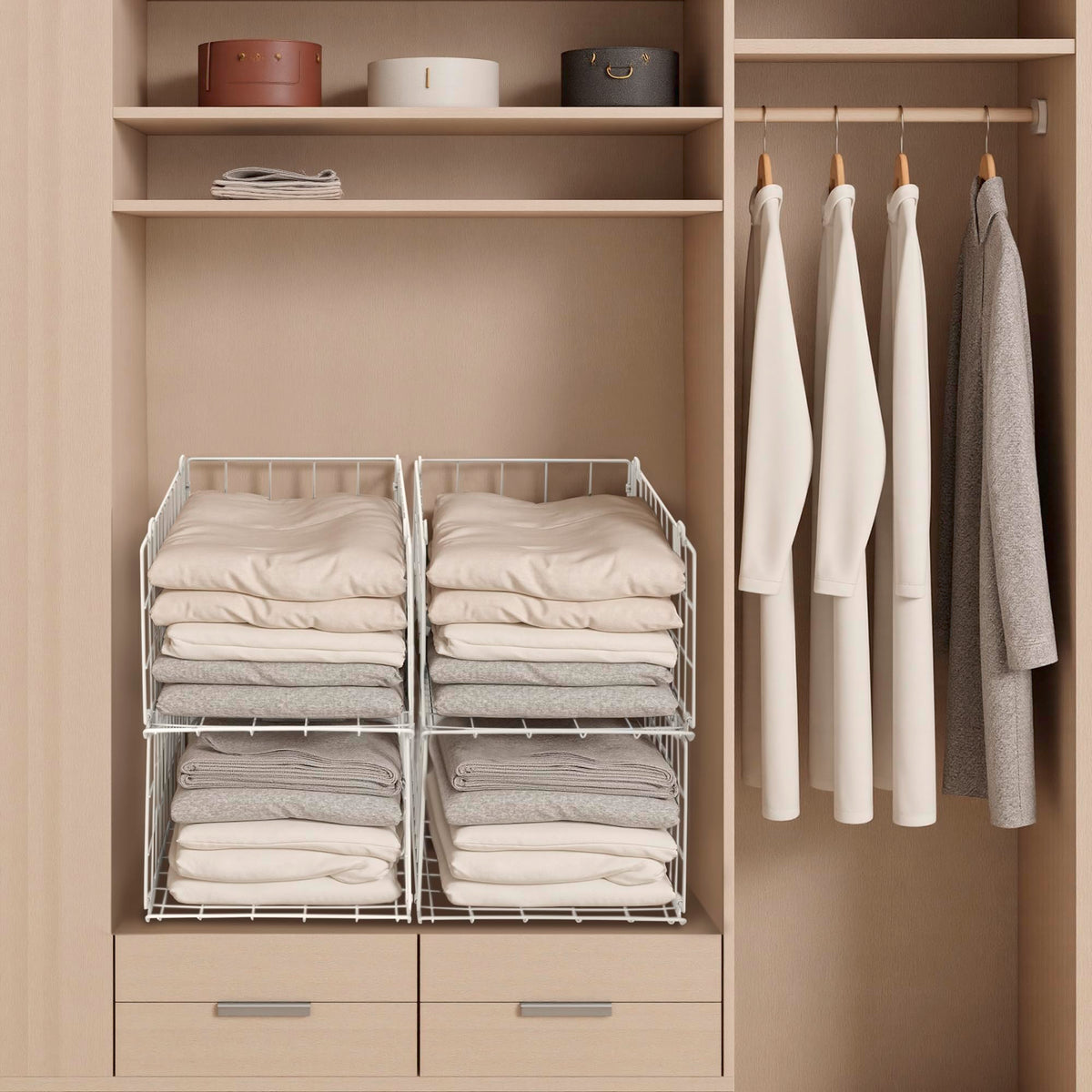 QIWODE Stackable Wardrobe Storage Organiser, Set of 4 Metal Wire Clothes Storage Baskets, Closet Organiser & Shelf Baskets for Bedroom, Pantry