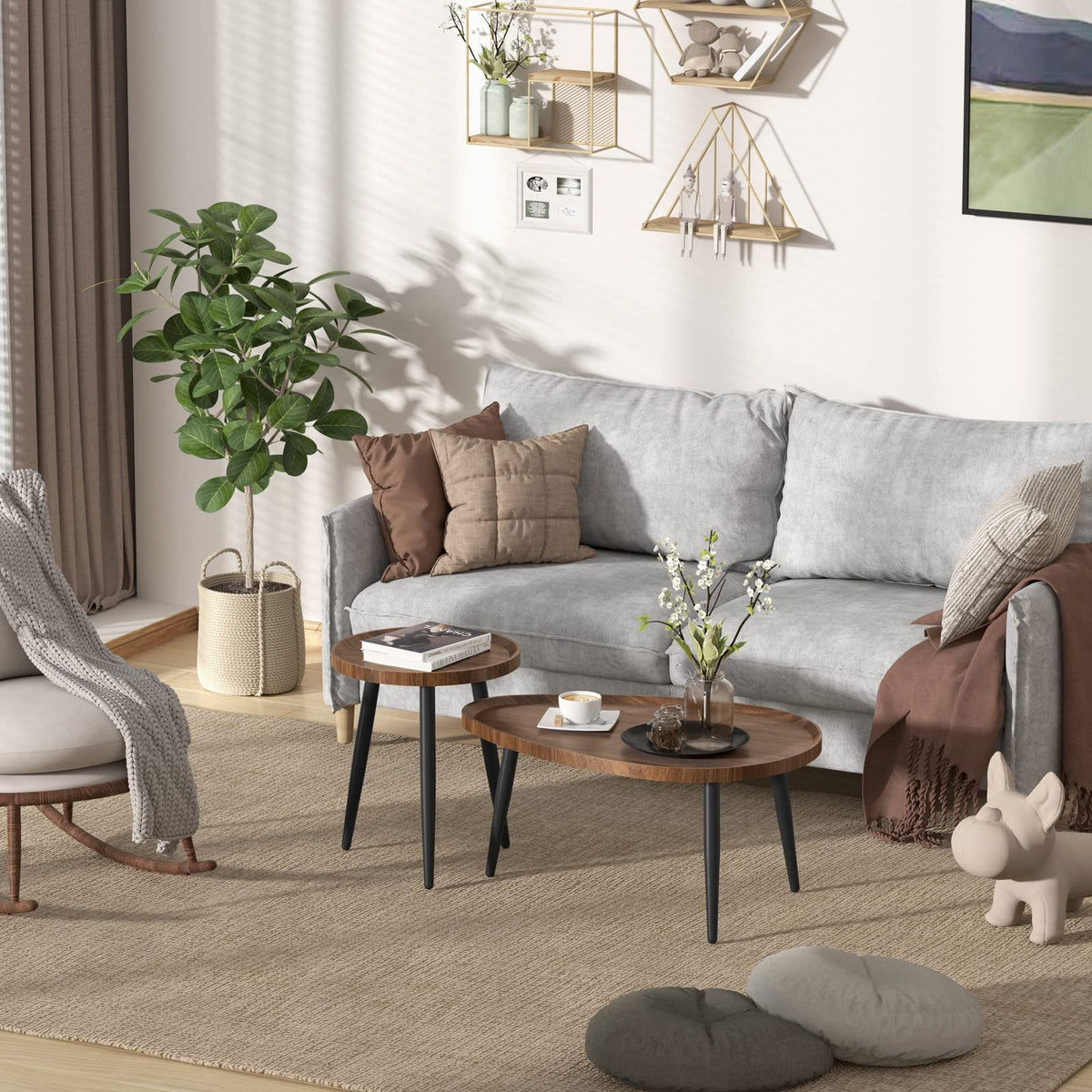 Oval Coffee Table Nest Wood: 2 Nesting Set Large 80cm and Small Round Tables 40cm MDF Wooden Tabletop Under Sofa Table with Metal Triangle Legs