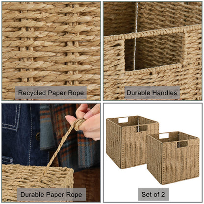 Vagusicc Wicker Storage Basket, Set of 2 Handwoven Wicker Basket for Storage, Foldable Storage Baskets Organizer Bins with Handles for Shelves