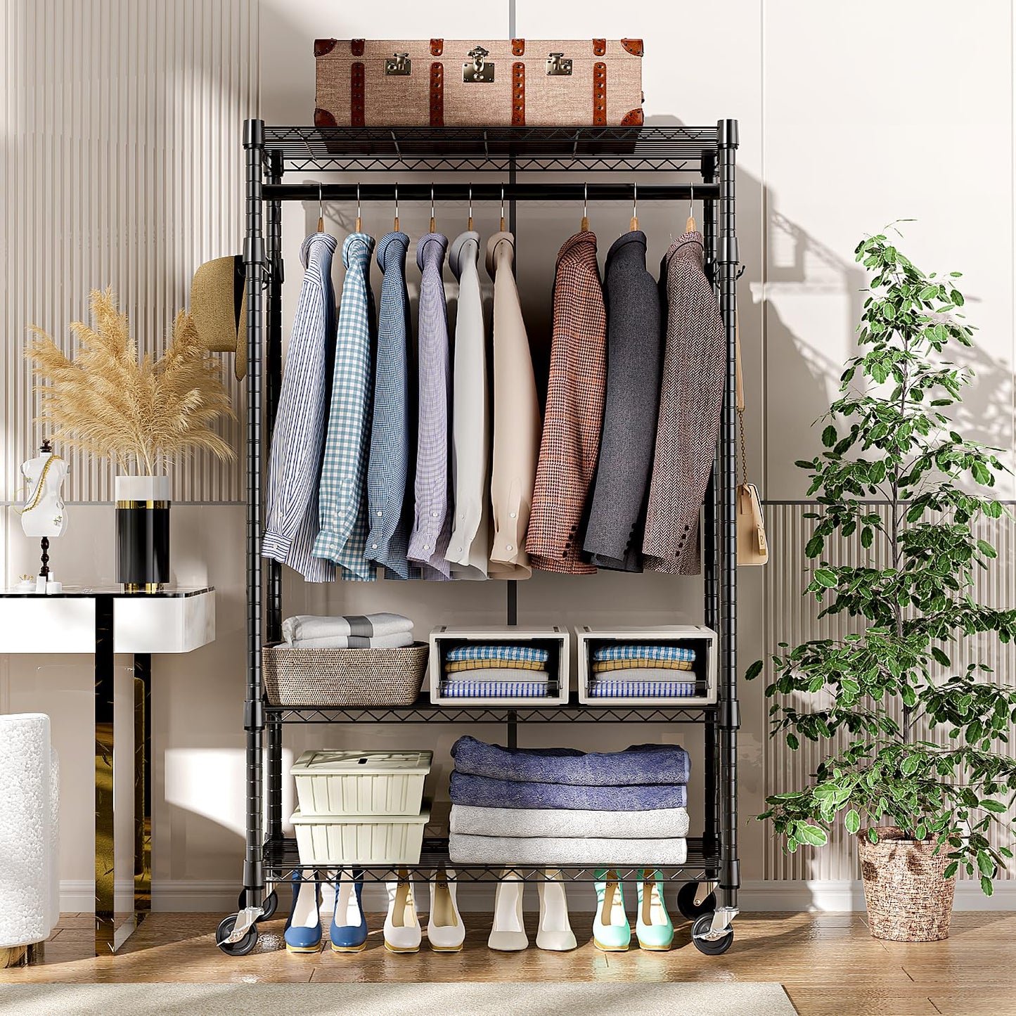 M MZG Heavy Duty Rolling Garment Rack 3 Tiers Adjustable Wire Shelving Clothes Rack with Rods and Side Hooks,Storage Closet Clothing Rack with Wheels