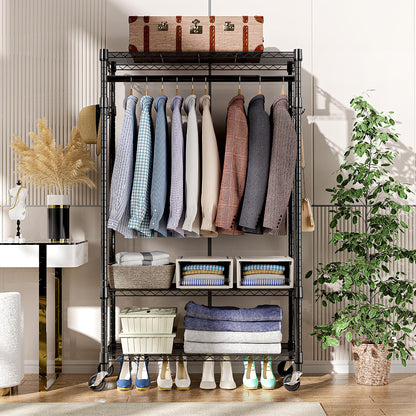 M MZG Heavy Duty Rolling Garment Rack 3 Tiers Adjustable Wire Shelving Clothes Rack with Rods and Side Hooks,Storage Closet Clothing Rack with Wheels