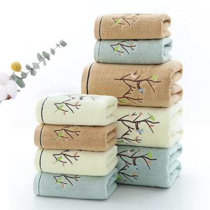 Pidada Hand Towels Set of 2 Embroidered Bird Tree Pattern 100% Cotton Absorbent Soft Decorative Towel for Bathroom 35 x 75 cm (Light Yellow)