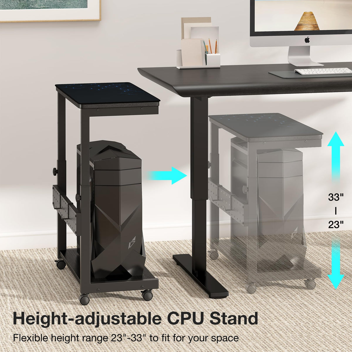 Yornoli PC Stand Height Adjustable Computer Tower Stand with Large Mouse Mat CPU Floor Stand Under Desk with Lockable Castor Wheels Sturdy PC Trolley