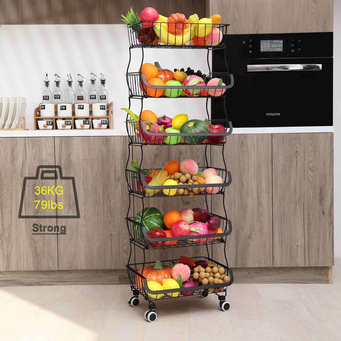 BRIAN & DANY 6 Tier Vegetable Storage Rack, Stackable Fruit Vegetable Stand with Lockable Casters and 5 S-Hooks for Kitchen, Pantry, Bathroom, Garage