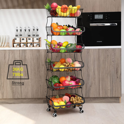 BRIAN & DANY 6 Tier Vegetable Storage Rack, Stackable Fruit Vegetable Stand with Lockable Casters and 5 S-Hooks for Kitchen, Pantry, Bathroom, Garage