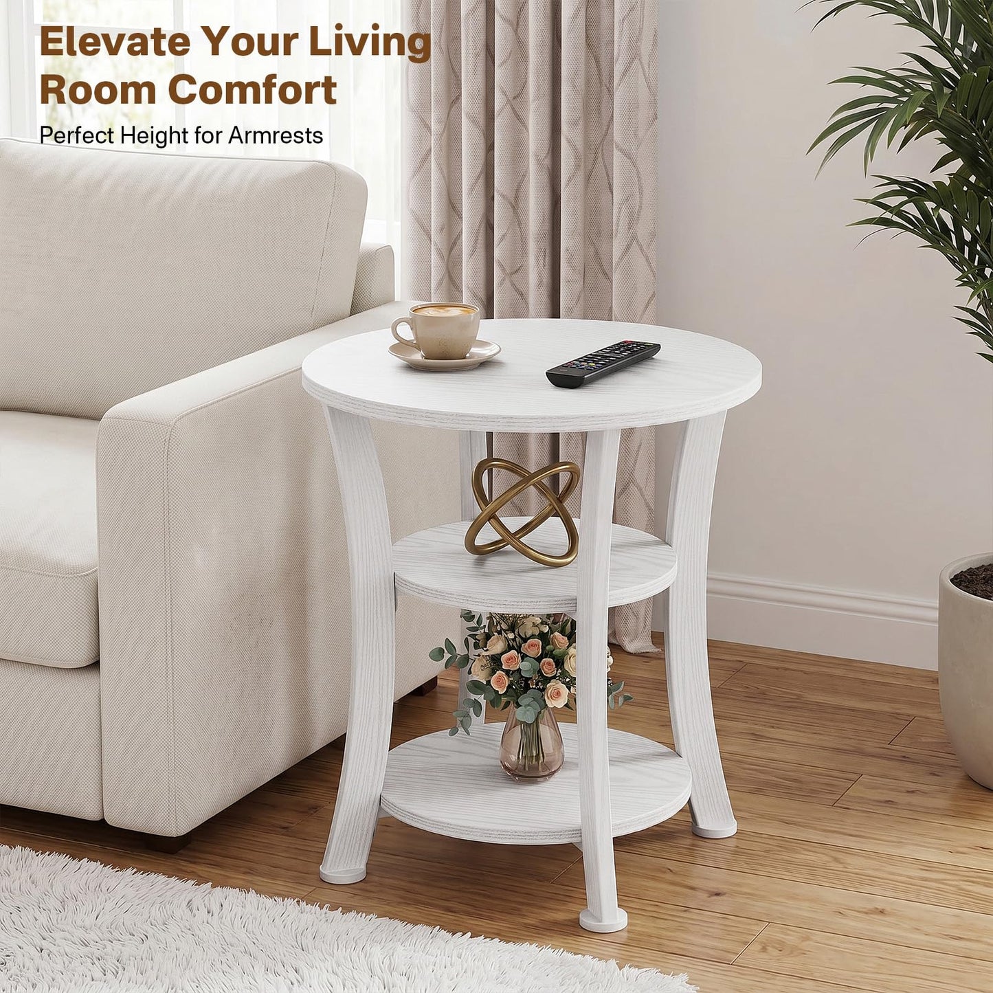 Yuede Round End Table, 3 Tier Side Table with Storage, Farmhouse Wood Side Table, Vintage Sofa Bedside Table Coffee Table for Bedroom Living Room