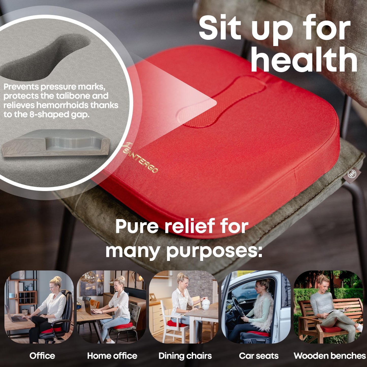 SANTERGO Orthopedic Seat cushion [PATENTED & STABLE] Lumbar Coccyx | Seat cover office chair car wheelchair | seat cushion, ergonomic back cushion