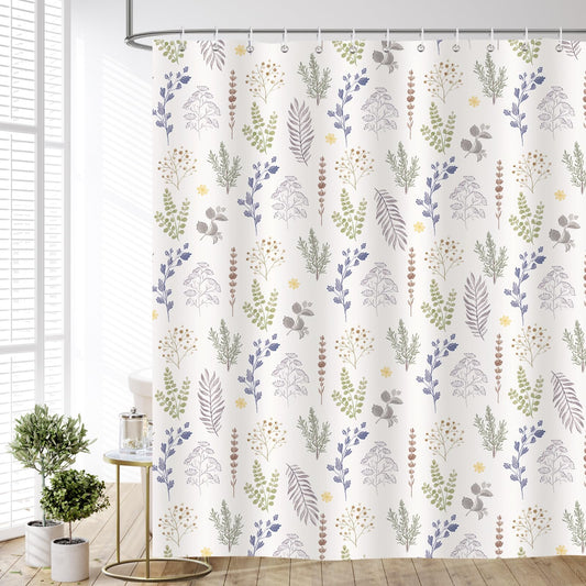 Dazzlewall Colourful Herbs Leaves Shower Curtain 180x180cm, Floral Botanical Bathroom Curtain Beige Background, Waterproof Mould Resistant Fabric with