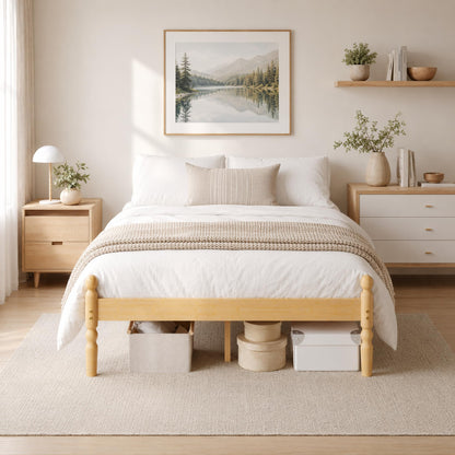 APEXTELLA HOME Double Bed Frame 14-inch Natural Bamboo Wood Platform Bed with Metal Slats Support and Mattress Slide Stopper, Underbed Storage Space