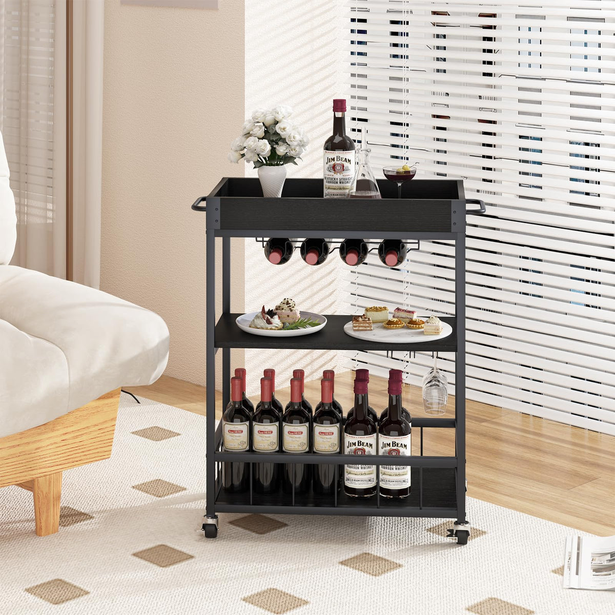 Bar Cart, 3 Tier Serving Trolley, Rolling Wine Trolley, Drinks Trolley
