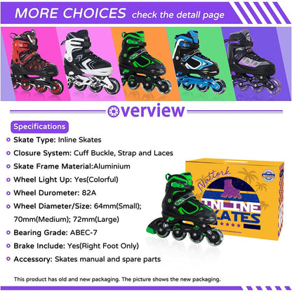 Nattork Adjustable Inline Skates for Kids with Light Up Wheel, Outdoor & Indoor Illuminating Blades Roller Skates for Boys and Girls, Beginners