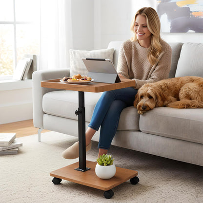YYW C Shaped Side Table, Height Adjustable Bedside Table with Wheels, 360°Swivel Sofa End Tables, Wooden Coffee End Table for Living Room Bedroom