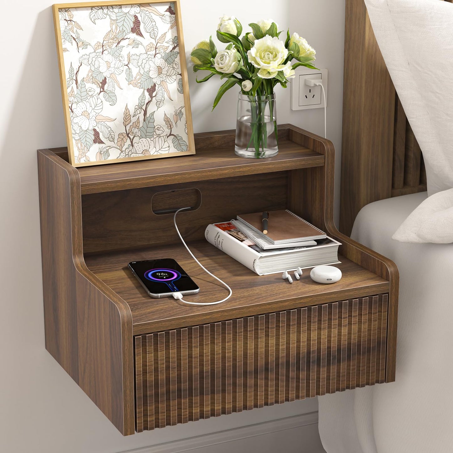 Yvsevnr Floating Bedside Table Set of 2 Wall Mounted Nightstand with Drawer and Open Shelf Fluted Side Tables Retro Bedside Cabinet for Bedroom