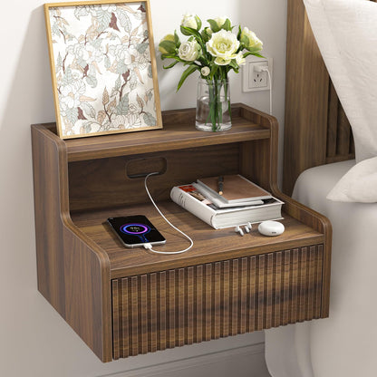 Yvsevnr Floating Bedside Table Set of 2 Wall Mounted Nightstand with Drawer and Open Shelf Fluted Side Tables Retro Bedside Cabinet for Bedroom