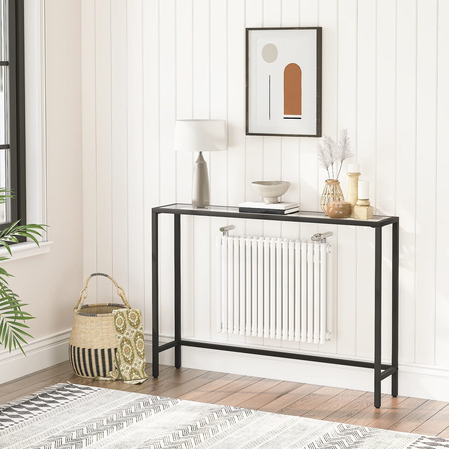 HOOBRO Black Console Table, Tempered Glass Sofa Table, Slim Hallway Table, Glass Console Table, 100 x 22 x 80 cm, Modern Display Table for Living