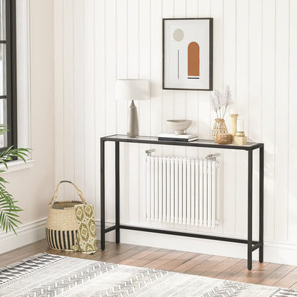 HOOBRO Black Console Table, Tempered Glass Sofa Table, Slim Hallway Table, Glass Console Table, 100 x 22 x 80 cm, Modern Display Table for Living