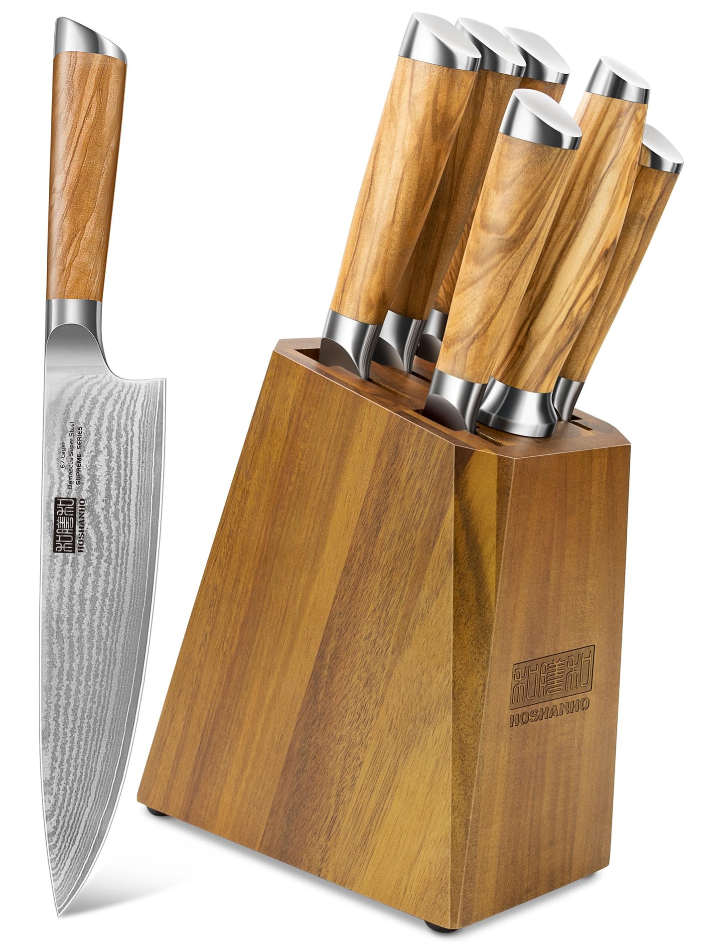 HOSHANHO Damascus Kitchen Knife Set with Block, 7 Pieces Professional 10Cr15CoMoV Damascus Super Steel Cooking Knife Set with Ergonomic Handle