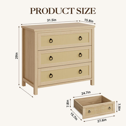 Crevyteg Natural Rattan Weave Dresser with Multiple Drawers, Sturdy Engineered Wood Storage Chest for Bedroom Living Room Nursery Hallway Organization