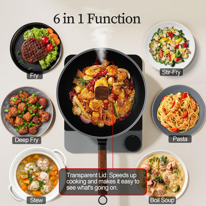 Jobin 13Inch/33cm Wok Non Stick with Lid Carbon Steel Wok and Large Capacity for Cook Asian Dishes for 4-6 People, Ideal for Induction, Gas, All Hobs