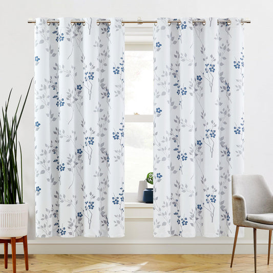 Beauoop Blue Grey Floral Blackout Curtains for Bedroom Living Room 72 Inch Drop Leaf Print Eyelet Curtain Botanical Thermal Insulated Noise Reducing